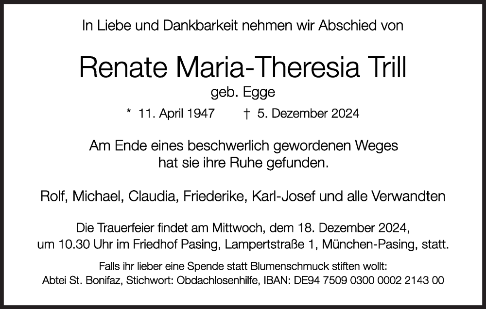 Traueranzeigen Von Renate Maria Theresia Trill Sz Gedenken De