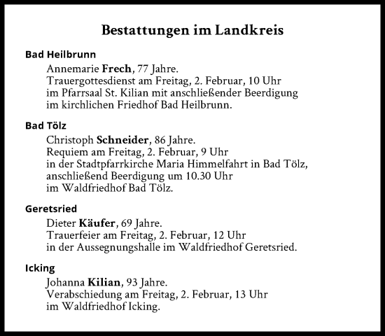 Traueranzeige von Bestattungen vom 02.02.2024 von Süddeutsche Zeitung