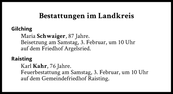 Traueranzeige von Bestattungen vom 03.02.2024 von Süddeutsche Zeitung