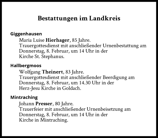 Traueranzeige von Bestattungen vom 08.02.2024 von Süddeutsche Zeitung