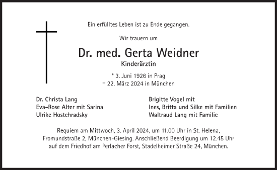 Traueranzeige von Gerta Weidner von Süddeutsche Zeitung