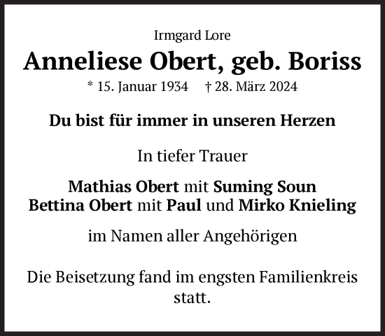 Traueranzeige von Anneliese Obert von Süddeutsche Zeitung