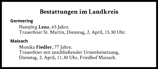 Traueranzeige von Bestattungen vom 02.04.2024 von Süddeutsche Zeitung