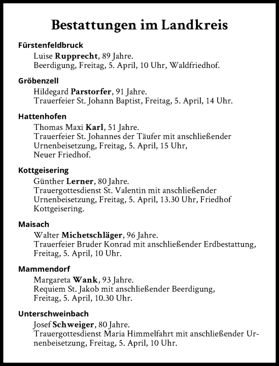 Traueranzeige von Bestattungen vom 05.04.2024 von Süddeutsche Zeitung