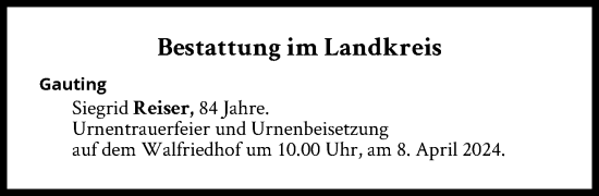 Traueranzeige von Bestattungen vom 08.04.2024 von Süddeutsche Zeitung