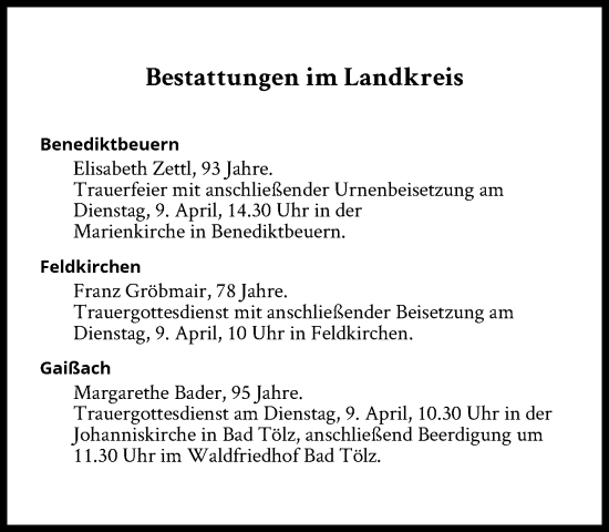 Traueranzeige von Bestattungen vom 09.04.2024 von Süddeutsche Zeitung