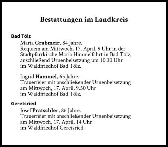 Traueranzeige von Bestattungen vom 17.04.2024 von Süddeutsche Zeitung