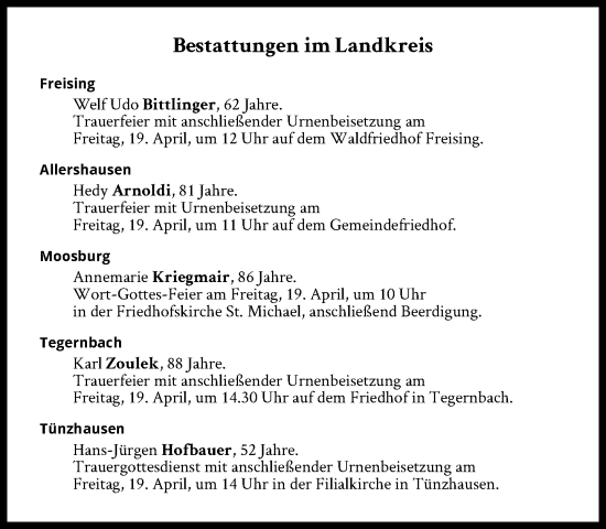 Traueranzeige von Bestattungen vom 19.04.2024 von Süddeutsche Zeitung