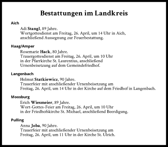 Traueranzeige von Bestattungen vom 26.04.2024 von Süddeutsche Zeitung