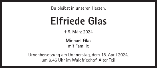Traueranzeige von Elfriede Glas von Süddeutsche Zeitung