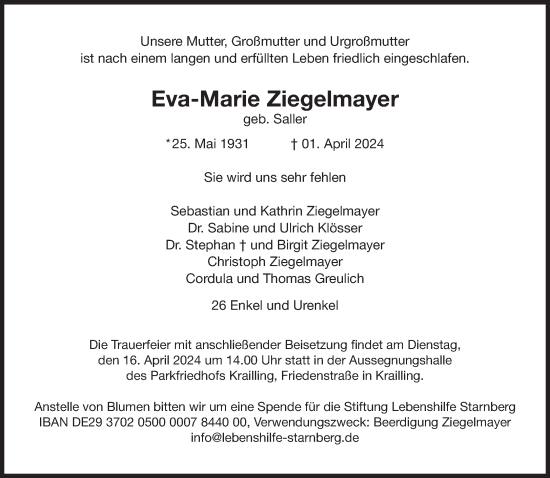 Traueranzeige von Eva Marie Ziegelmayer von Süddeutsche Zeitung