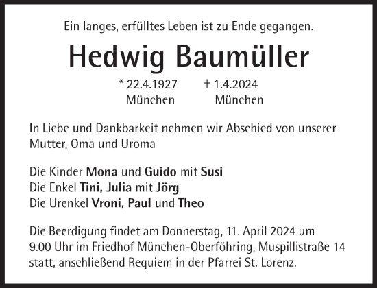 Traueranzeige von Hedwig Baumüller von Süddeutsche Zeitung