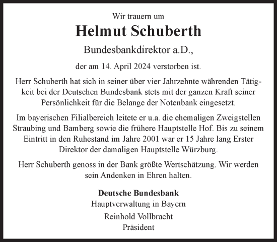 Traueranzeige von Helmut Schuberth von Süddeutsche Zeitung