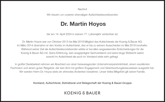 Traueranzeige von Martin Hoyos von Süddeutsche Zeitung