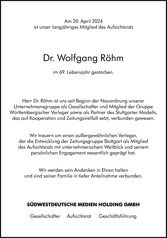 Traueranzeige von Wolfgang Röhm von Süddeutsche Zeitung