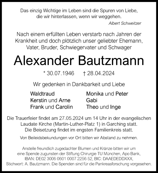 Traueranzeige von Alexander Bautzmann von Süddeutsche Zeitung