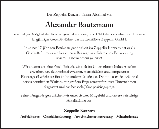 Traueranzeige von Alexander Bautzmann von Süddeutsche Zeitung