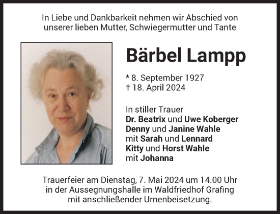 Traueranzeige von Bärbel Lampp von Süddeutsche Zeitung