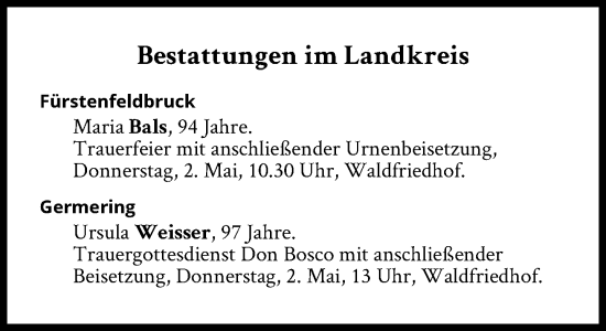 Traueranzeige von Bestattungen vom 02.05.2024 von Süddeutsche Zeitung