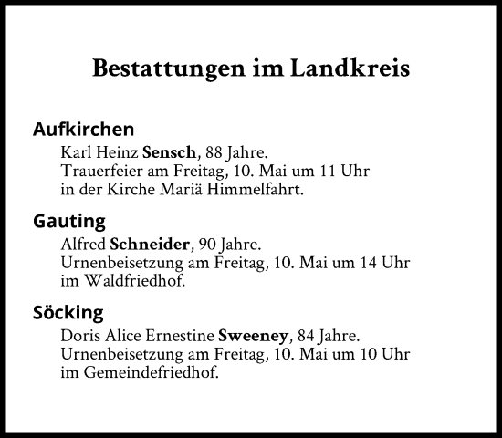 Traueranzeige von Bestattungen vom 10.05.2024 von Süddeutsche Zeitung