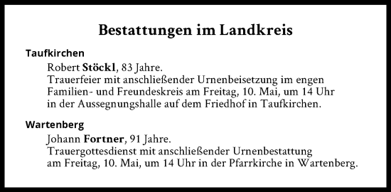 Traueranzeige von Bestattungen vom 10.05.2024 von Süddeutsche Zeitung