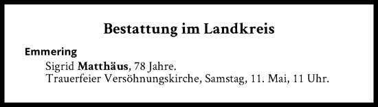 Traueranzeige von Bestattungen vom 11.05.2024 von Süddeutsche Zeitung