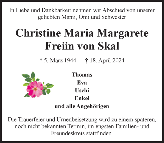 Traueranzeige von Christine Maria Margarete Freiin von Skal von Süddeutsche Zeitung