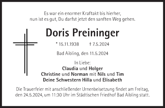 Traueranzeige von Doris Preininger von Süddeutsche Zeitung