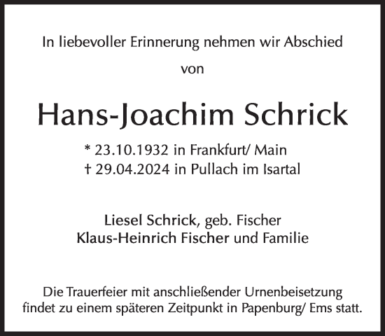 Traueranzeige von Hans-Joachim Schrick von Süddeutsche Zeitung
