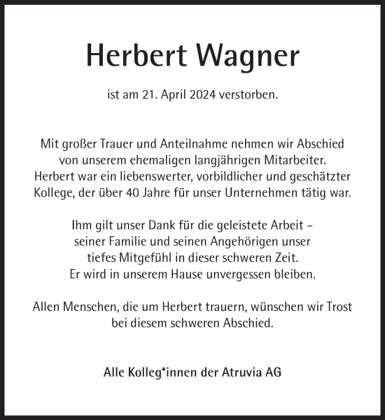 Traueranzeige von Herbert Wagner von Süddeutsche Zeitung