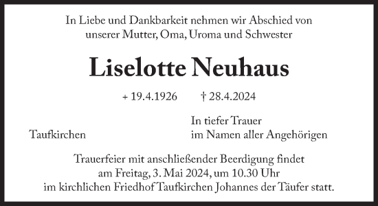 Traueranzeige von Liselotte Neuhaus von Süddeutsche Zeitung