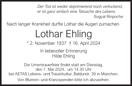 Traueranzeige von Lothar Ehling von Süddeutsche Zeitung