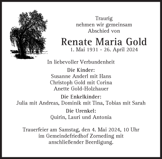 Traueranzeige von Renate Maria Gold von Süddeutsche Zeitung