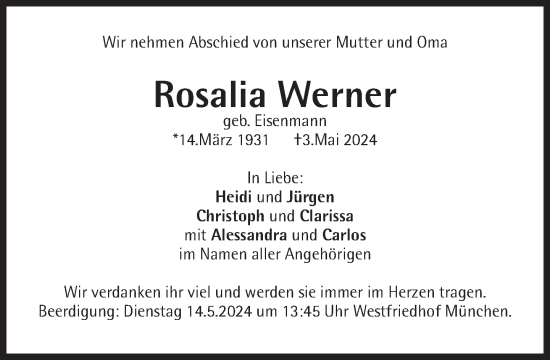 Traueranzeige von Rosalia Werner von Süddeutsche Zeitung