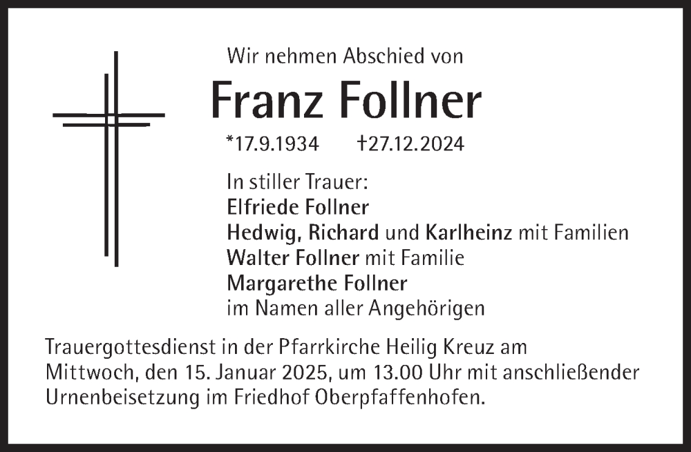 Traueranzeigen Von Franz Follner Sz Gedenken De