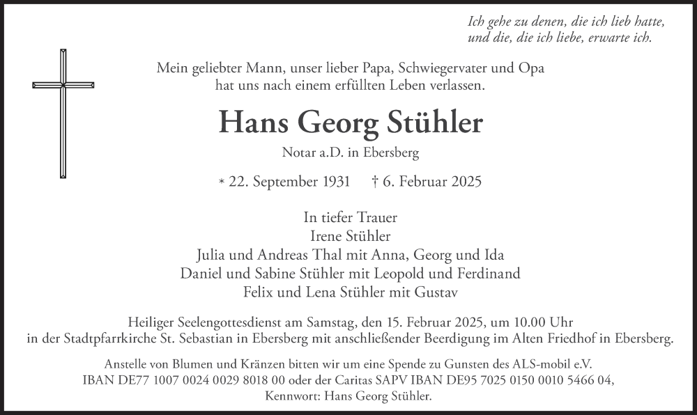 Traueranzeigen Von Hans Georg St Hler Sz Gedenken De