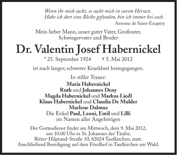 Traueranzeige von Valentin Josef Habernickel von Süddeutsche Zeitung