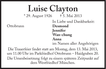 Traueranzeige von Luise Clayton von Süddeutsche Zeitung