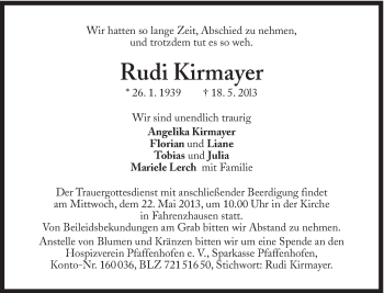Traueranzeige von Rudi Kirmayer von Süddeutsche Zeitung