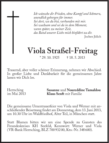 Traueranzeige von Viola Straßel-Freitag von Süddeutsche Zeitung