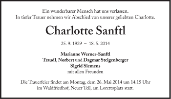 Traueranzeige von Charlotte Sanftl von Süddeutsche Zeitung