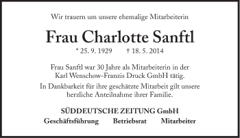 Traueranzeige von Charlotte Sanftl von Süddeutsche Zeitung