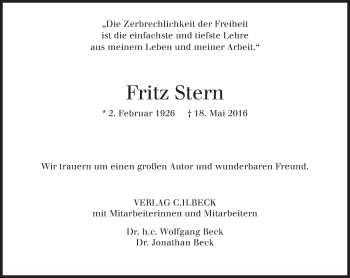 Traueranzeige von Fritz Stern von Süddeutsche Zeitung