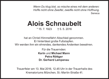 Traueranzeige von Alois Schnaubelt von Süddeutsche Zeitung