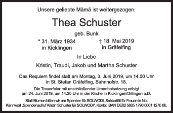 Traueranzeige von Thea Schuster von Süddeutsche Zeitung