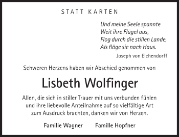 Traueranzeige von Lisbeth Wolfinger von Süddeutsche Zeitung