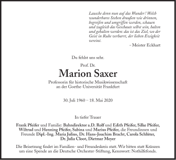 Traueranzeige von Marion Saxer von Süddeutsche Zeitung