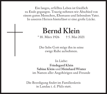Traueranzeige von Bernd Klein von Süddeutsche Zeitung