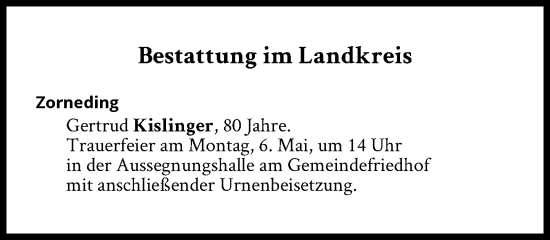 Traueranzeige von Bestattungen vom 06.05.2024 von Süddeutsche Zeitung
