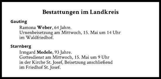 Traueranzeige von Bestattungen vom 15.05.2024 von Süddeutsche Zeitung